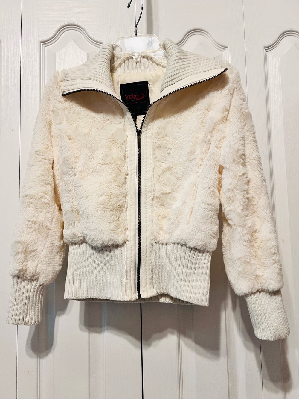 Yoki Cream Plush Zip-Up Crop Teddy Jacket-Faux Fur-Large Girls-Adult XS-Casual